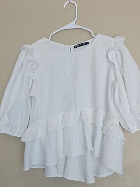 Zara White Layered Ruffle Long-Sleeve Blouse